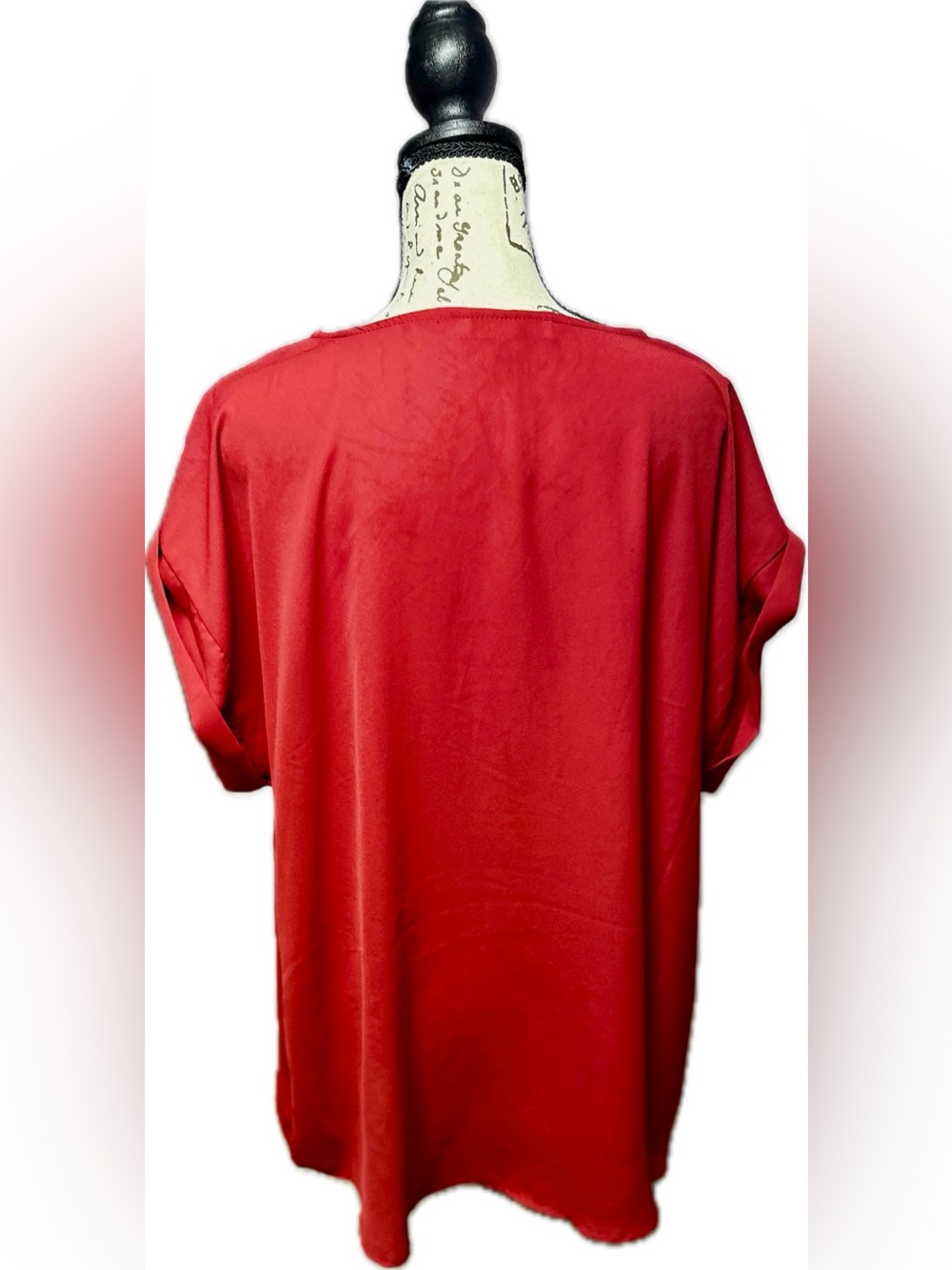Plus-Size Red Zip Front Short Sleeve Blouse with Shoulder Button Detail - Picture 3 of 5